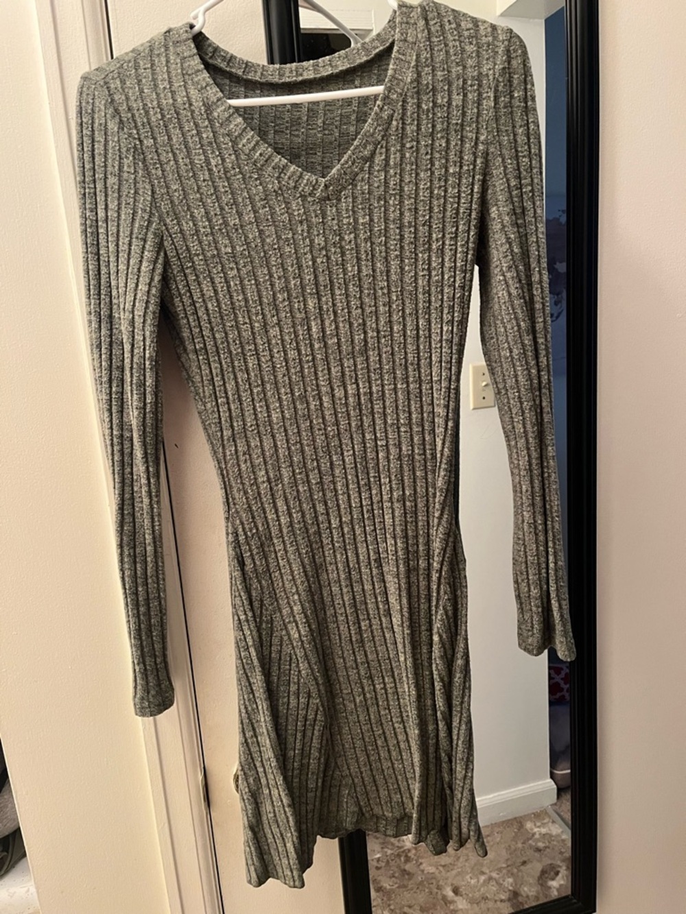 Gray Ribbed V-Neck Long Sleeve Women’s Dress
